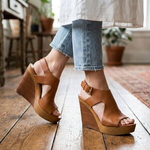 Michael Kors Tan Leather Platform Wedge Sandals